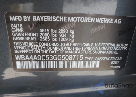 2016 BMW 428I Gran Coupe I Gran Coupe Sulev z USA, uszkodzony, nr VIN WBA4A9C53GG508715